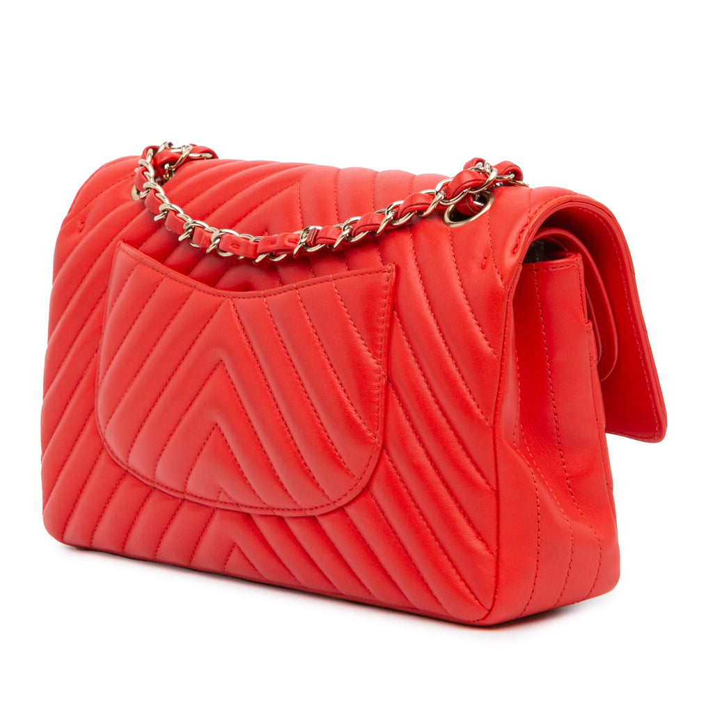 Second hand Chanel Classic Double Flap Medium Lambskin Leather Chevron Shoulder Bag Red - Tabita Bags