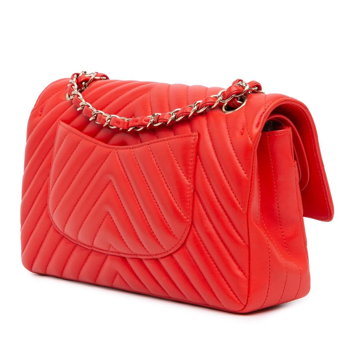 Second hand Chanel Classic Double Flap Medium Lambskin Leather Chevron Shoulder Bag Red - Tabita Bags