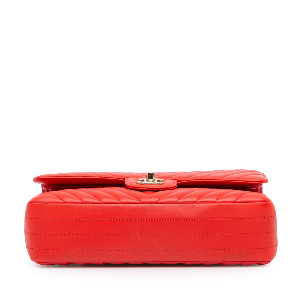 Second hand Chanel Classic Double Flap Medium Lambskin Leather Chevron Shoulder Bag Red - Tabita Bags