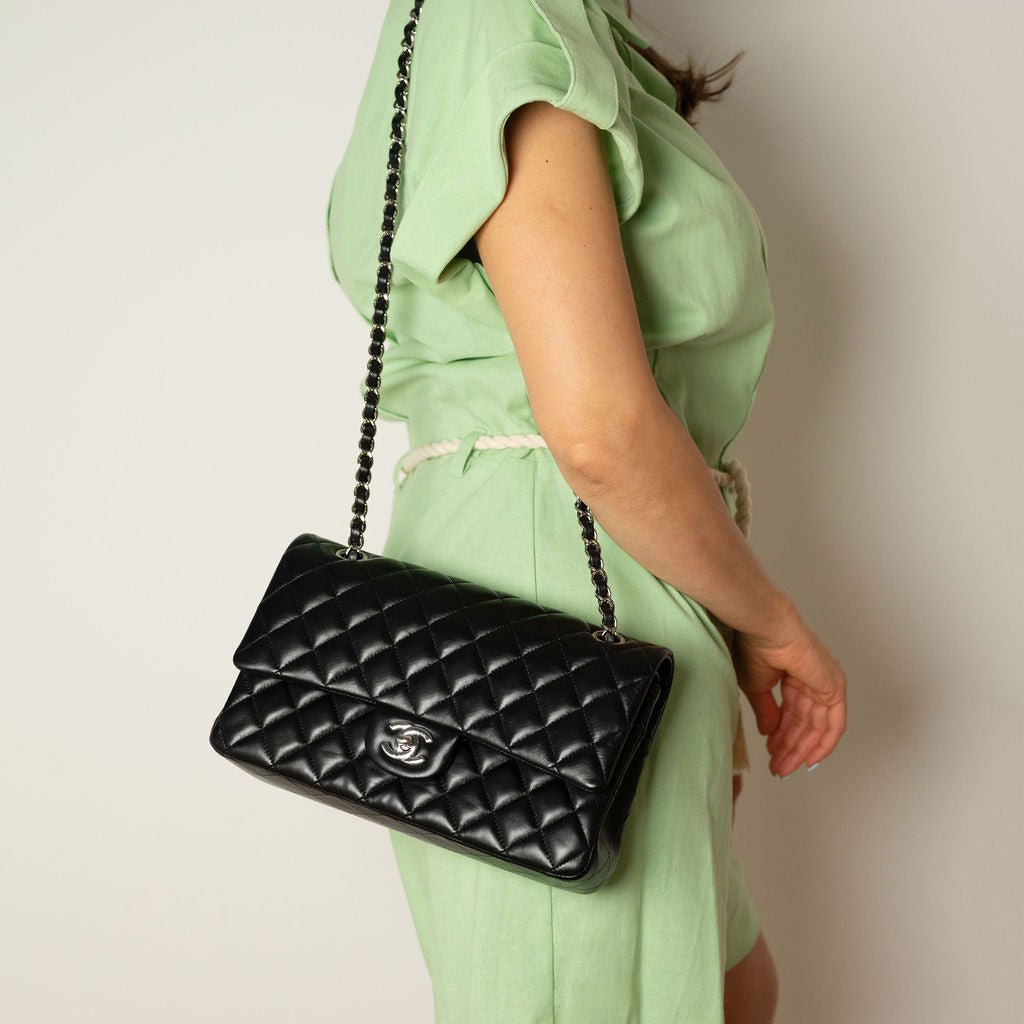 Second hand Chanel Classic Double Flap Medium Lambskin Leather Matelassè Shoulder Bag Black - Tabita Bags