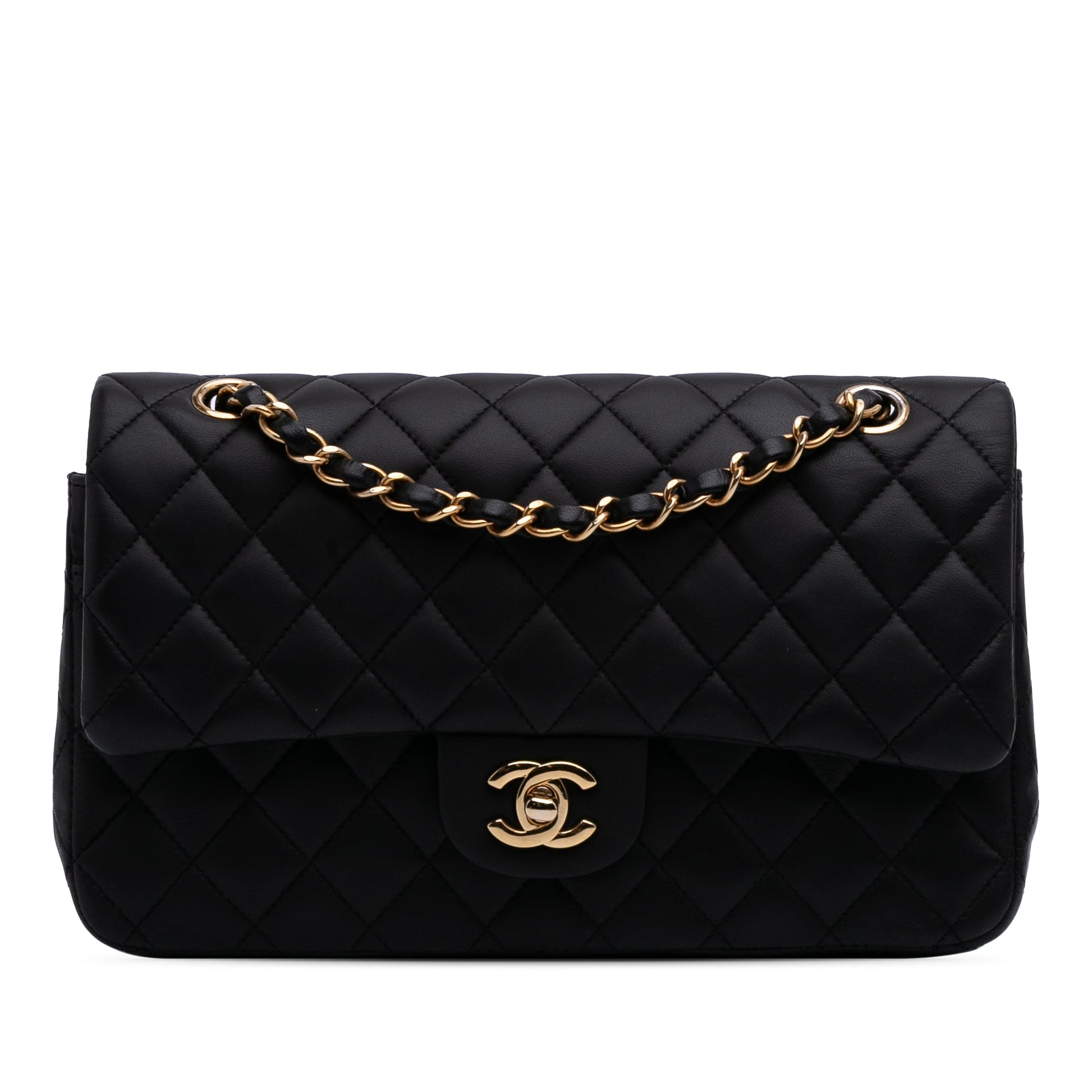 Second hand Chanel Classic Double Flap Medium Lambskin Leather Matelassè Shoulder Bag Black - Tabita Bags