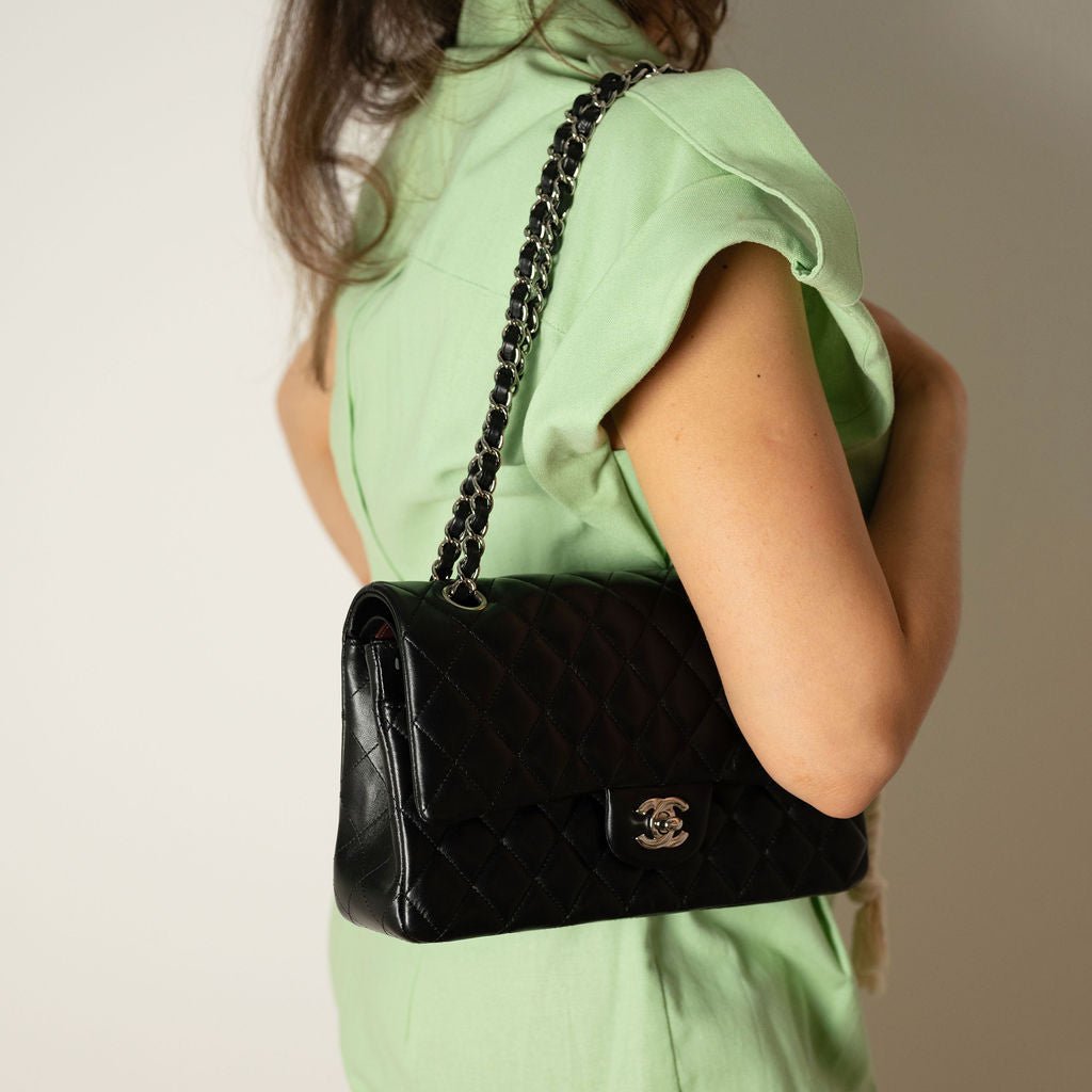 Second hand Chanel Classic Double Flap Medium Lambskin Leather Matelassè Shoulder Bag Black - Tabita Bags