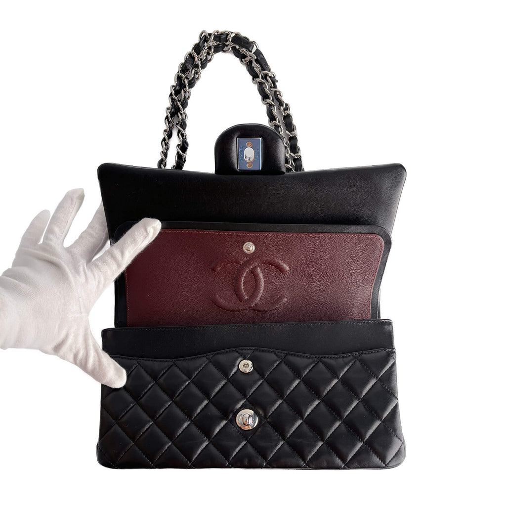 Second hand Chanel Classic Double Flap Medium Lambskin Leather Matelassè Shoulder Bag Black - Tabita Bags