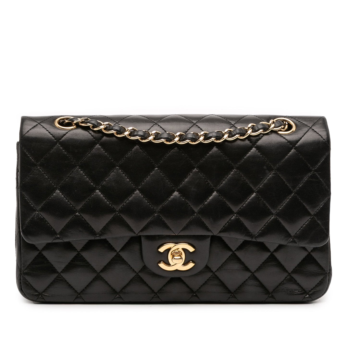 Second hand Chanel Classic Double Flap Medium Lambskin Leather Matelassè Shoulder Bag Black - Tabita Bags