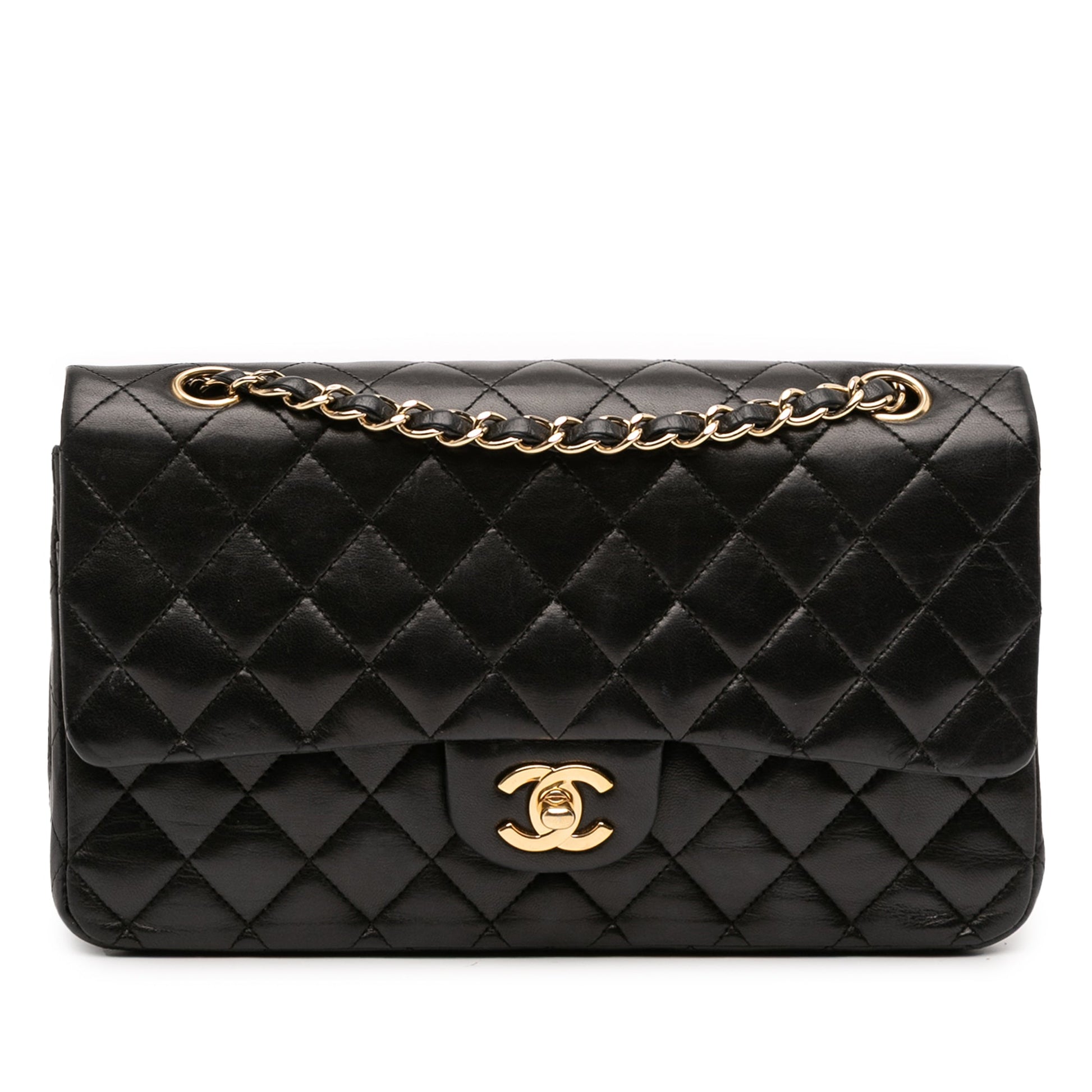 Second hand Chanel Classic Double Flap Medium Lambskin Leather Matelassè Shoulder Bag Black - Tabita Bags