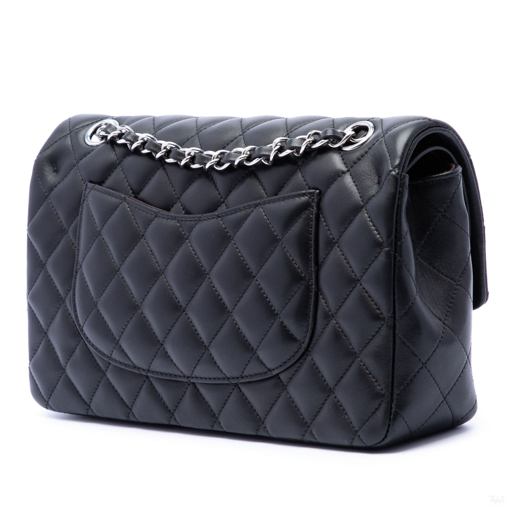 Second hand Chanel Classic Double Flap Medium Lambskin Leather Matelassè Shoulder Bag Black - Tabita Bags