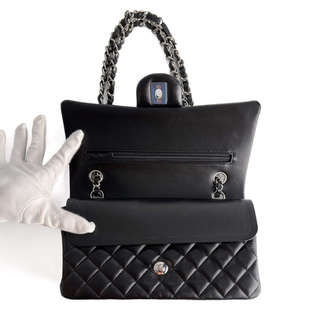 Second hand Chanel Classic Double Flap Medium Lambskin Leather Matelassè Shoulder Bag Black - Tabita Bags