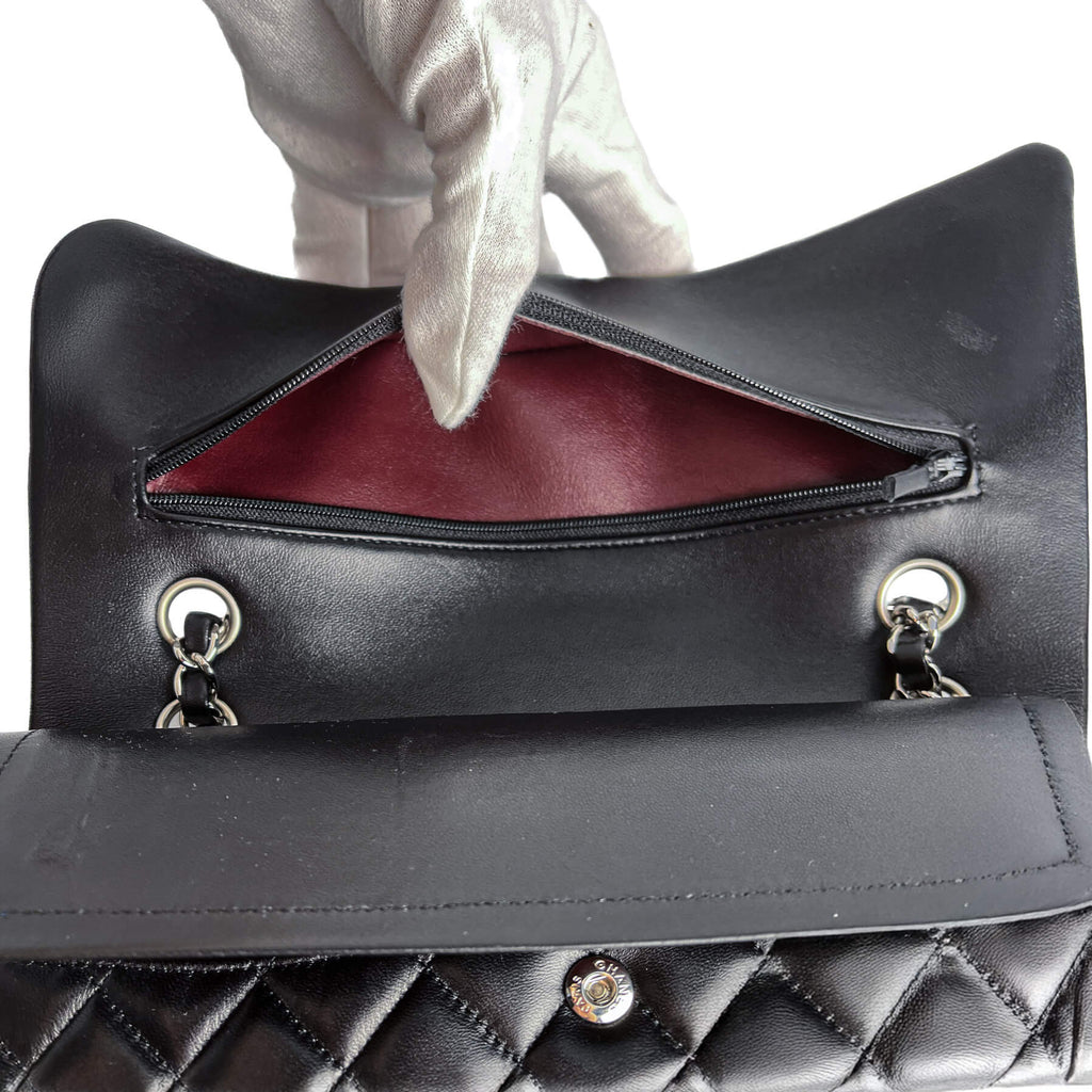 Second hand Chanel Classic Double Flap Medium Lambskin Leather Matelassè Shoulder Bag Black - Tabita Bags