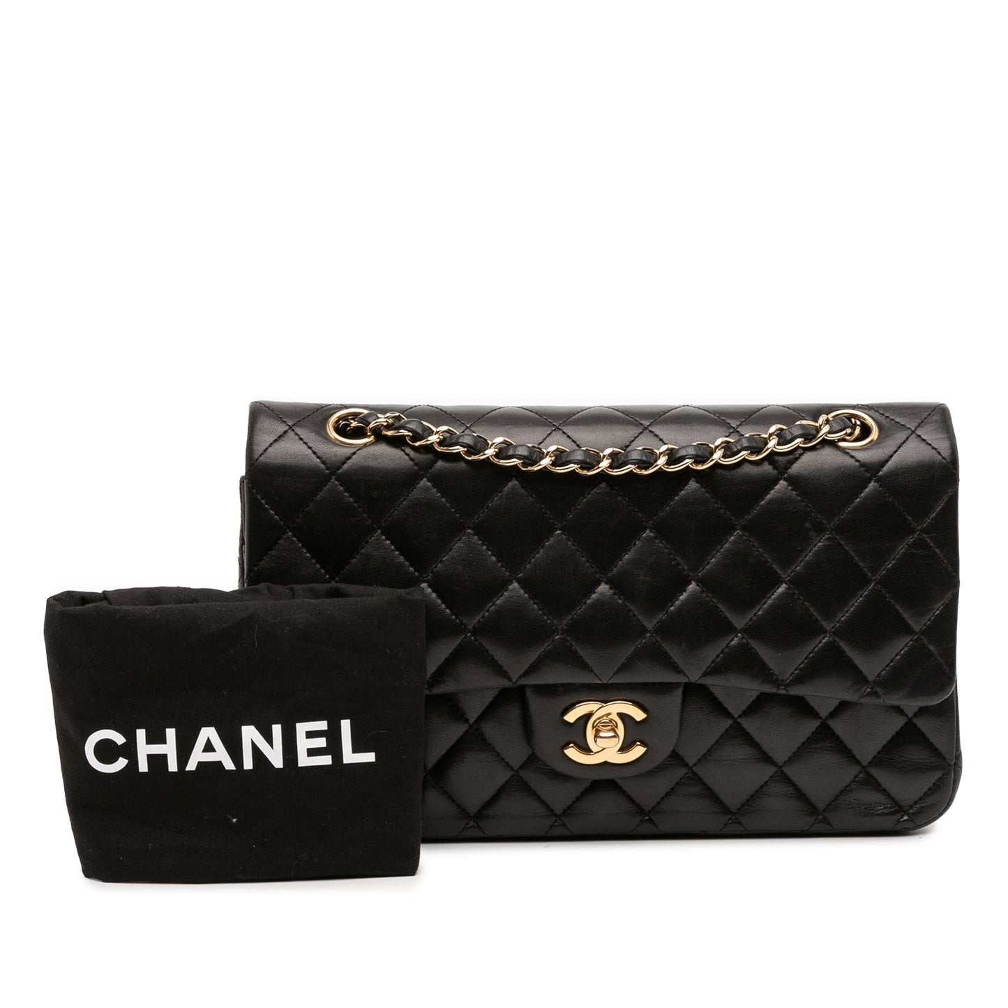 Second hand Chanel Classic Double Flap Medium Lambskin Leather Matelassè Shoulder Bag Black - Tabita Bags
