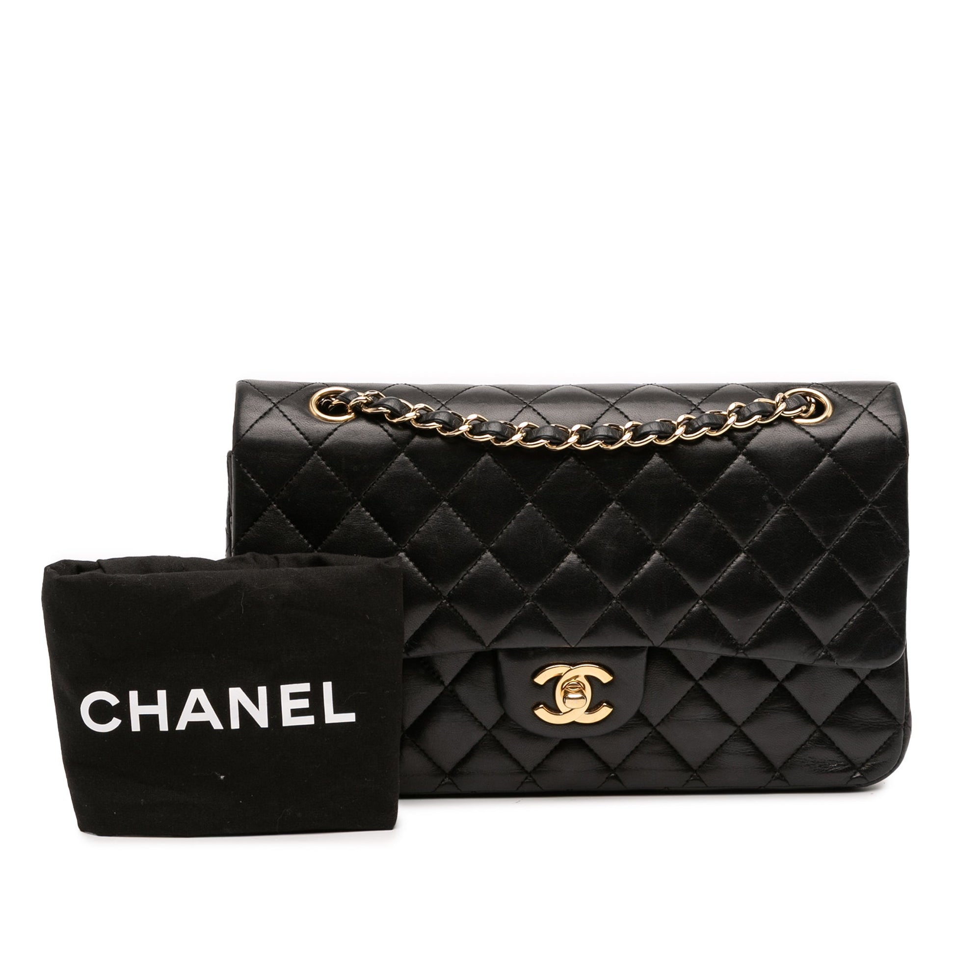 Second hand Chanel Classic Double Flap Medium Lambskin Leather Matelassè Shoulder Bag Black - Tabita Bags