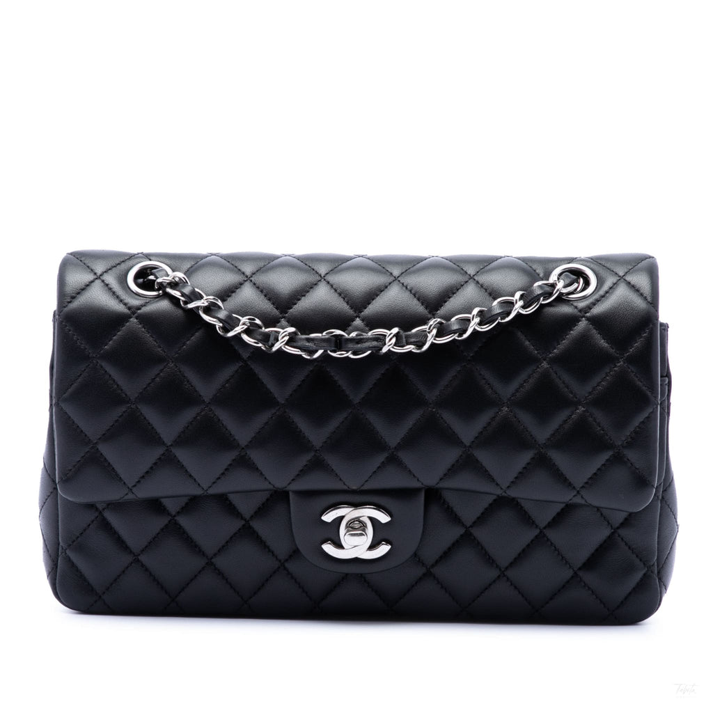 Second hand Chanel Classic Double Flap Medium Lambskin Leather Matelassè Shoulder Bag Black - Tabita Bags