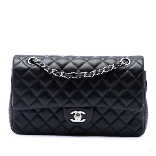 Second hand Chanel Classic Double Flap Medium Lambskin Leather Matelassè Shoulder Bag Black - Tabita Bags