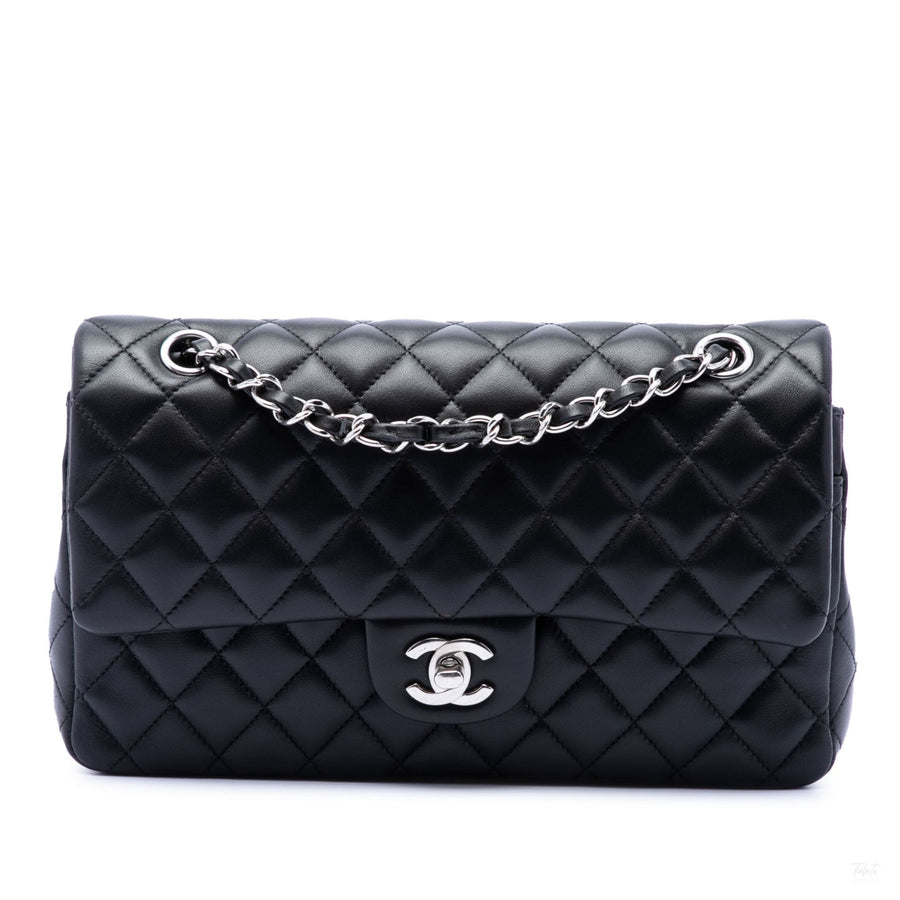 Second hand Chanel Classic Double Flap Medium Lambskin Leather Matelassè Shoulder Bag Black - Tabita Bags