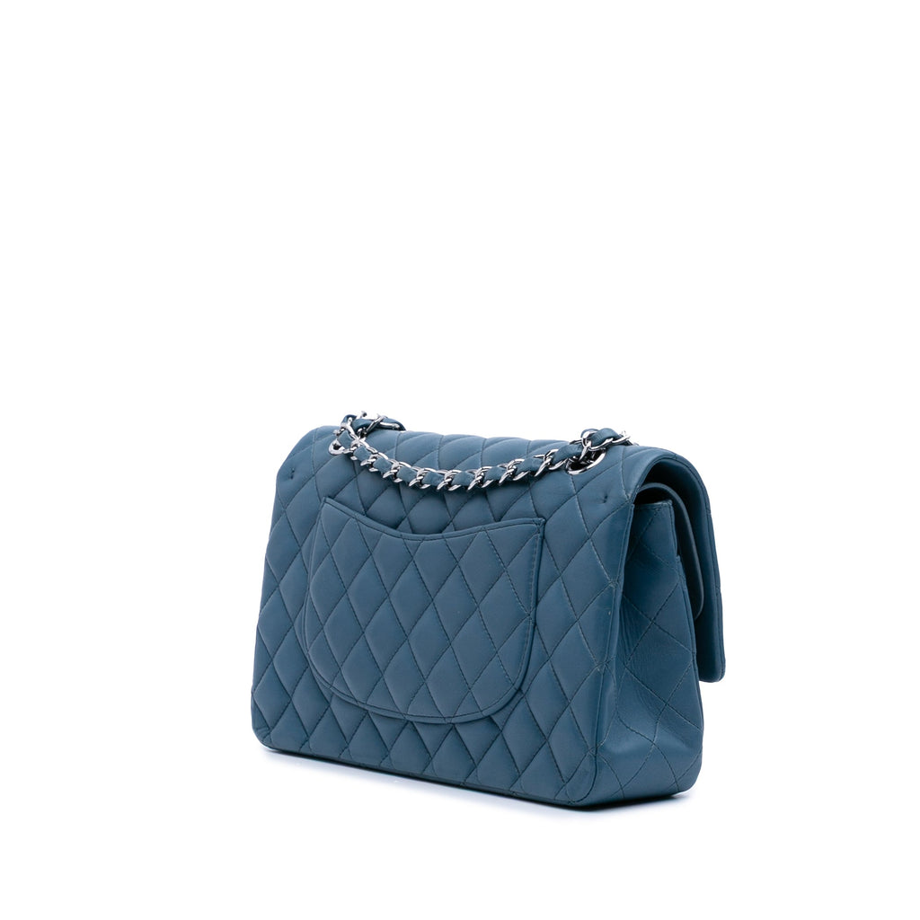 Second hand Chanel Classic Double Flap Medium Lambskin Leather Matelassè Shoulder Bag Blue - Tabita Bags