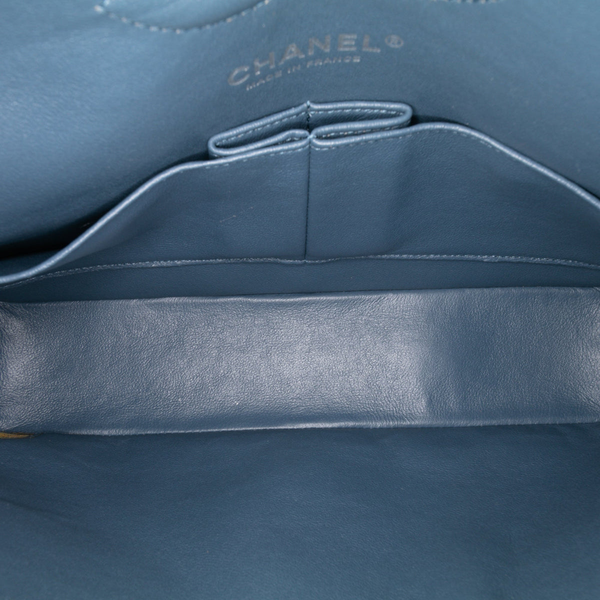 Second hand Chanel Classic Double Flap Medium Lambskin Leather Matelassè Shoulder Bag Blue - Tabita Bags