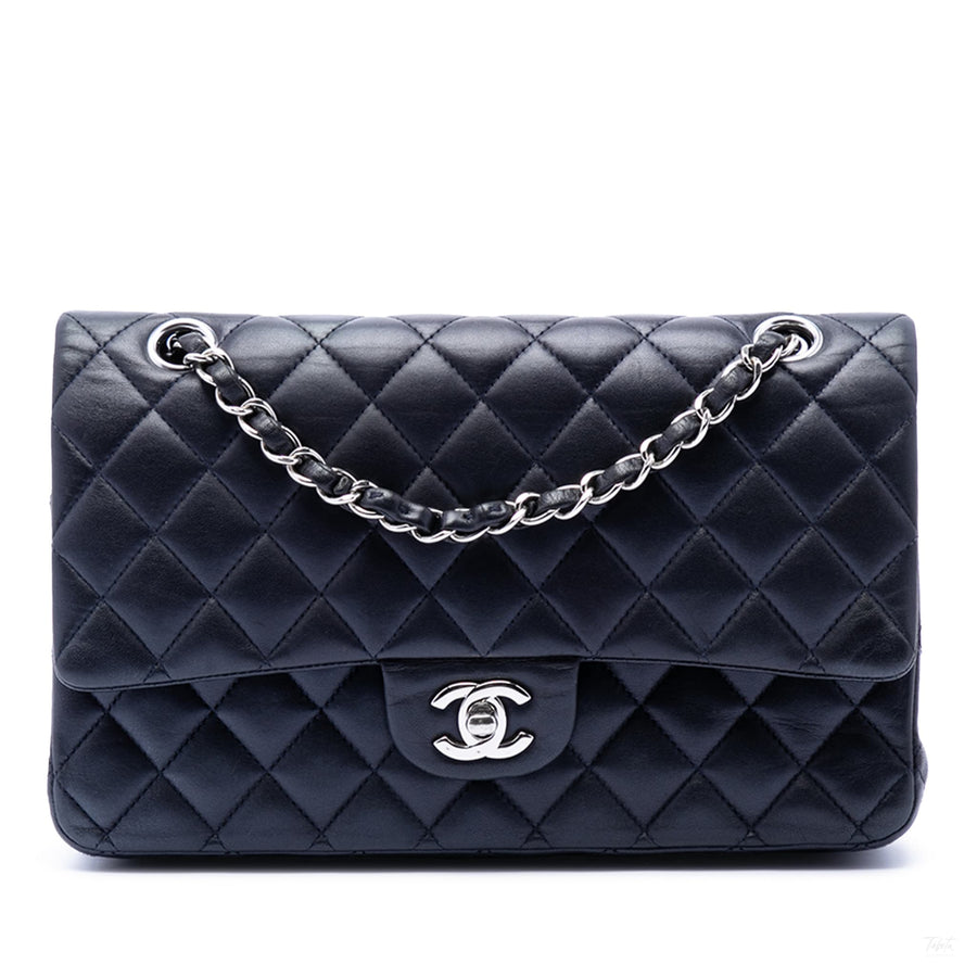 Second hand Chanel Classic Double Flap Medium Lambskin Leather Matelassè Shoulder Bag Blue - Tabita Bags