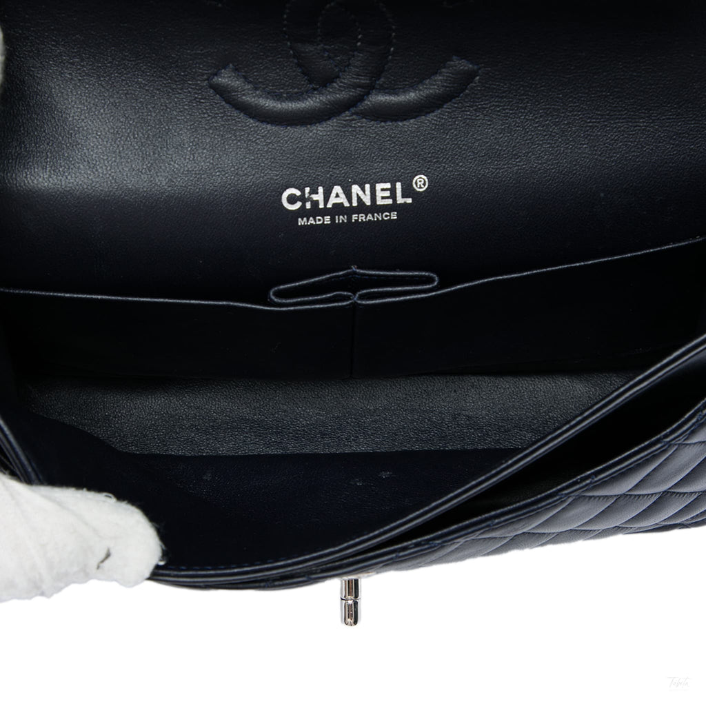 Second hand Chanel Classic Double Flap Medium Lambskin Leather Matelassè Shoulder Bag Blue - Tabita Bags