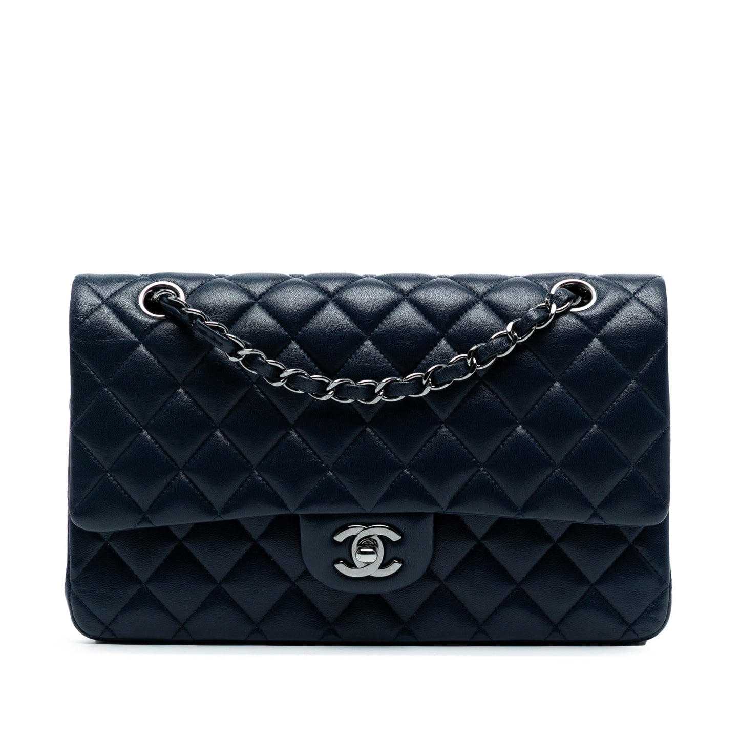 Second hand Chanel Classic Double Flap Medium Lambskin Leather Matelassè Shoulder Bag Blue - Tabita Bags