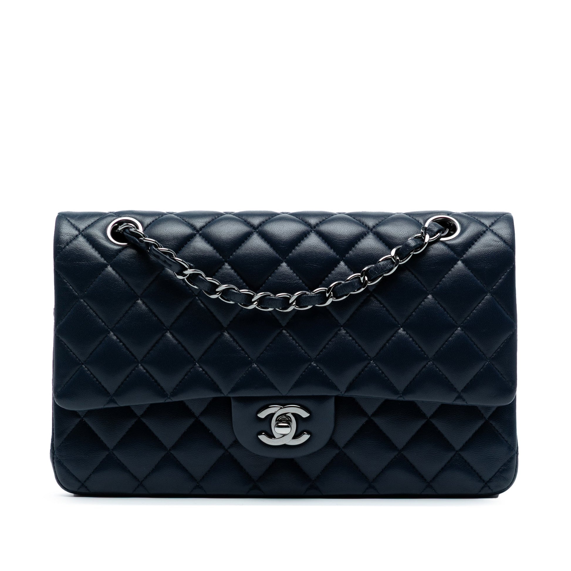 Second hand Chanel Classic Double Flap Medium Lambskin Leather Matelassè Shoulder Bag Blue - Tabita Bags