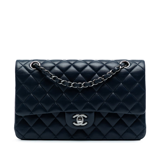 Second hand Chanel Classic Double Flap Medium Lambskin Leather Matelassè Shoulder Bag Blue - Tabita Bags