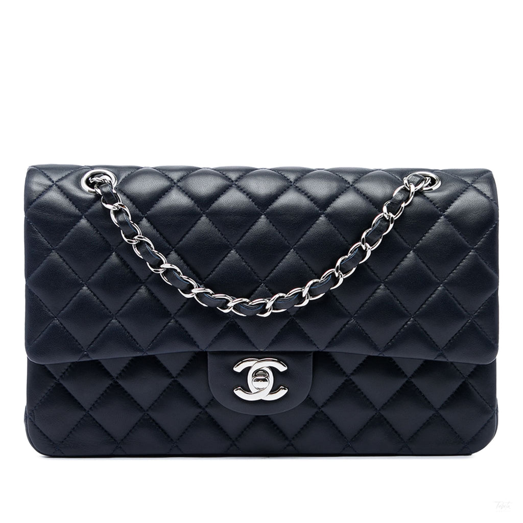 Second hand Chanel Classic Double Flap Medium Lambskin Leather Matelassè Shoulder Bag Blue - Tabita Bags