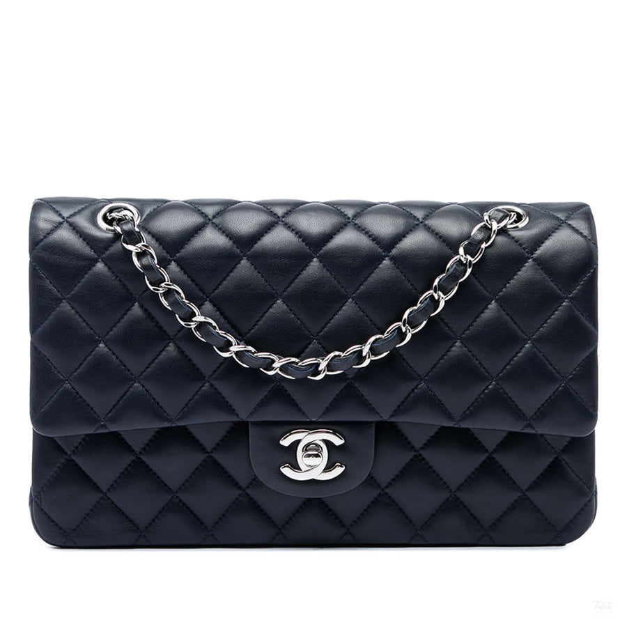 Second hand Chanel Classic Double Flap Medium Lambskin Leather Matelassè Shoulder Bag Blue - Tabita Bags