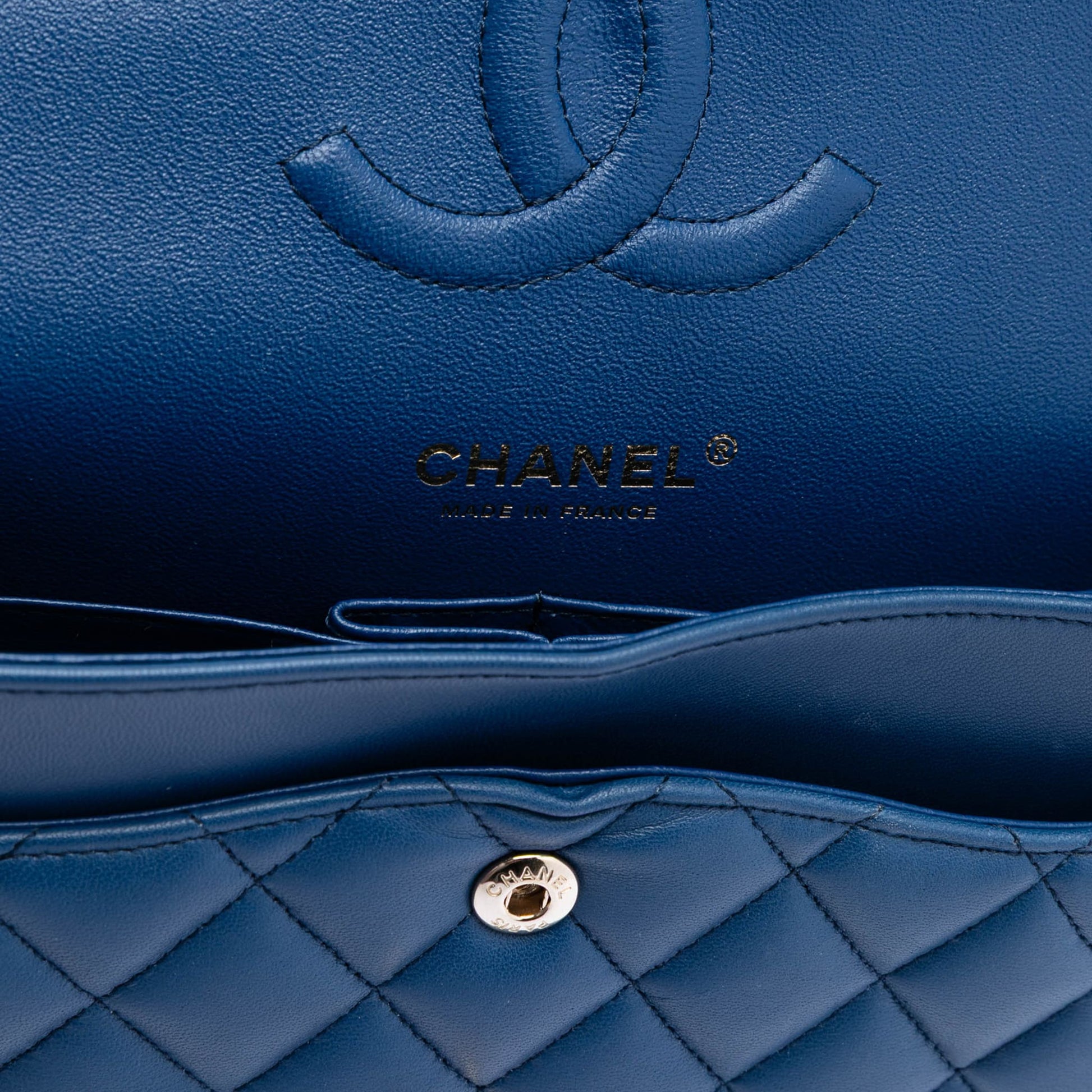 Second hand Chanel Classic Double Flap Medium Lambskin Leather Matelassè Shoulder Bag Blue - Tabita Bags