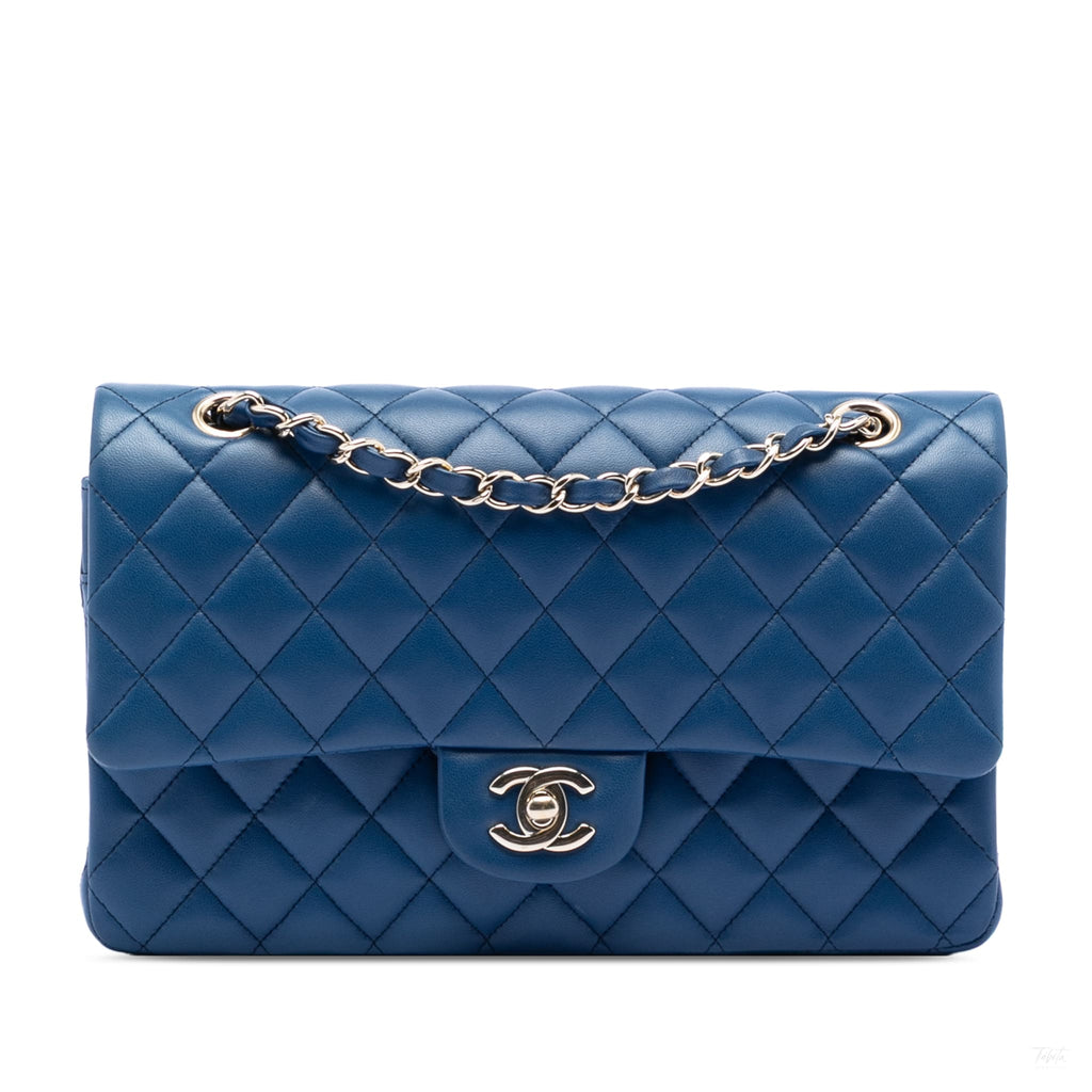 Second hand Chanel Classic Double Flap Medium Lambskin Leather Matelassè Shoulder Bag Blue - Tabita Bags