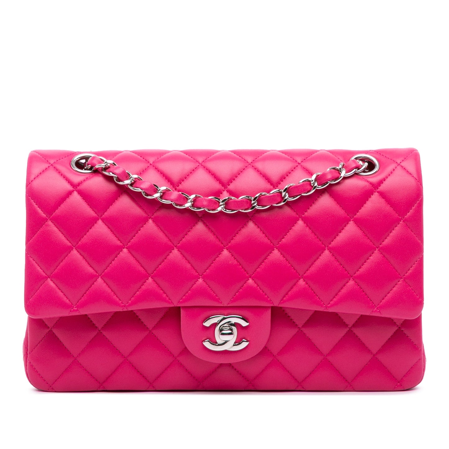 Second hand Chanel Classic Double Flap Medium Lambskin Leather Matelassè Shoulder Bag Pink - Tabita Bags