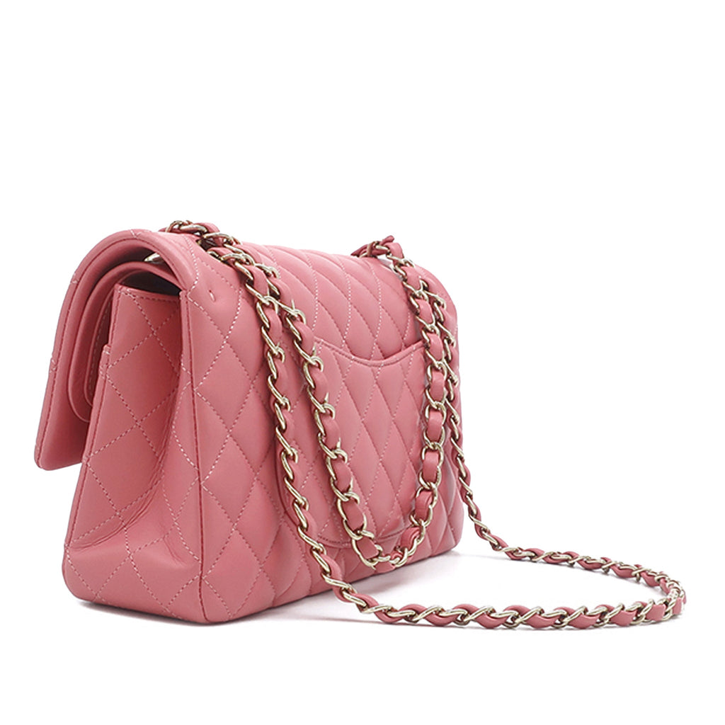 Second hand Chanel Classic Double Flap Medium Lambskin Leather Matelassè Shoulder Bag Pink - Tabita Bags