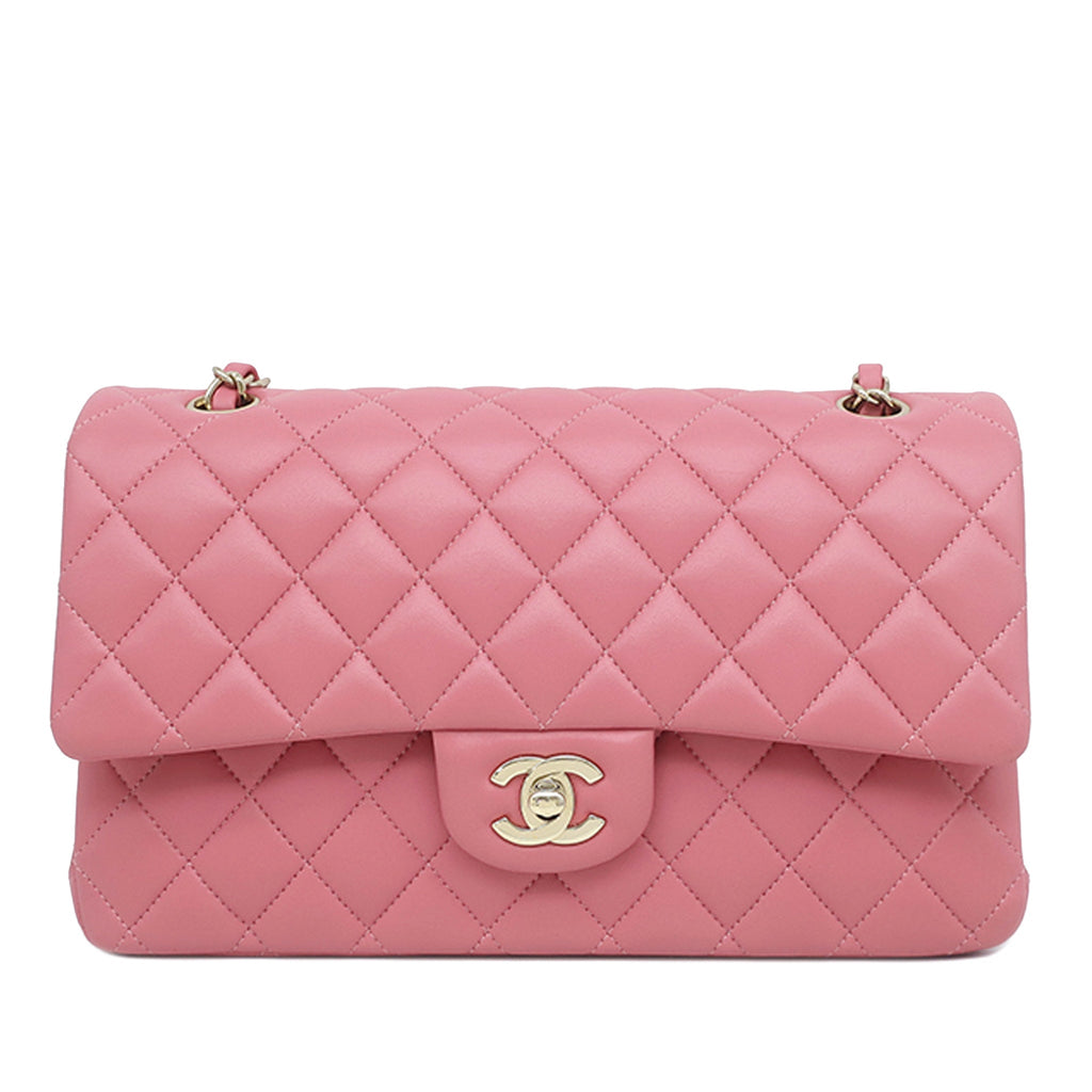 Second hand Chanel Classic Double Flap Medium Lambskin Leather Matelassè Shoulder Bag Pink - Tabita Bags