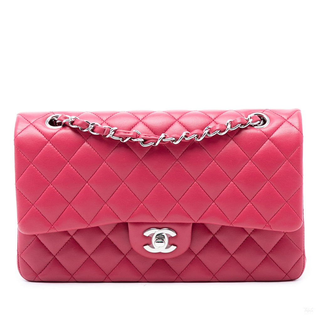 Second hand Chanel Classic Double Flap Medium Lambskin Leather Matelassè Shoulder Bag Pink - Tabita Bags