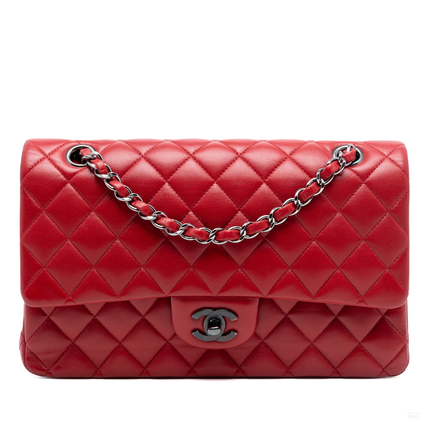 Second hand Chanel Classic Double Flap Medium Lambskin Leather Matelassè Shoulder Bag Red - Tabita Bags