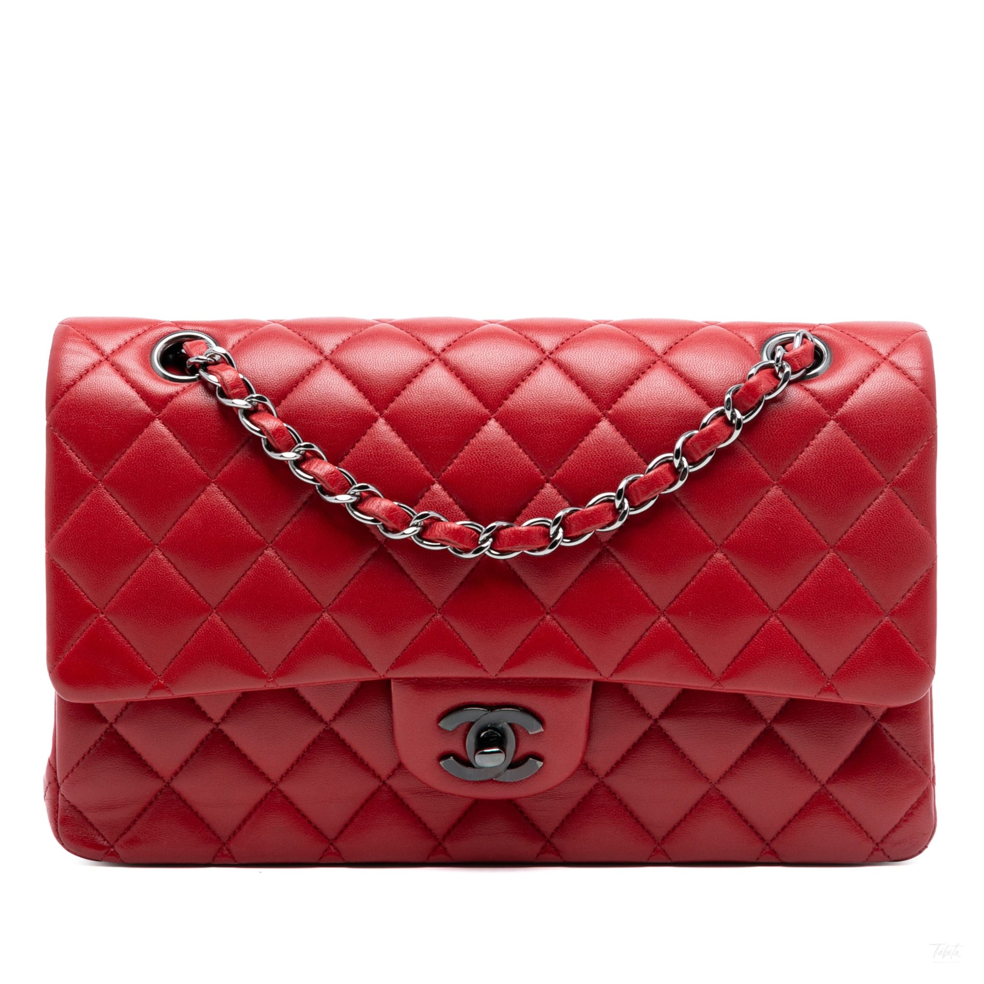 Second hand Chanel Classic Double Flap Medium Lambskin Leather Matelassè Shoulder Bag Red - Tabita Bags