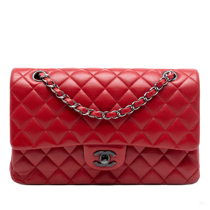 Second hand Chanel Classic Double Flap Medium Lambskin Leather Matelassè Shoulder Bag Red - Tabita Bags