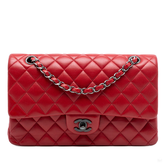 Second hand Chanel Classic Double Flap Medium Lambskin Leather Matelassè Shoulder Bag Red - Tabita Bags