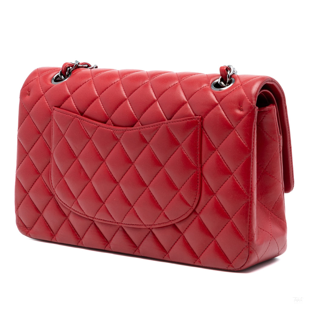 Second hand Chanel Classic Double Flap Medium Lambskin Leather Matelassè Shoulder Bag Red - Tabita Bags