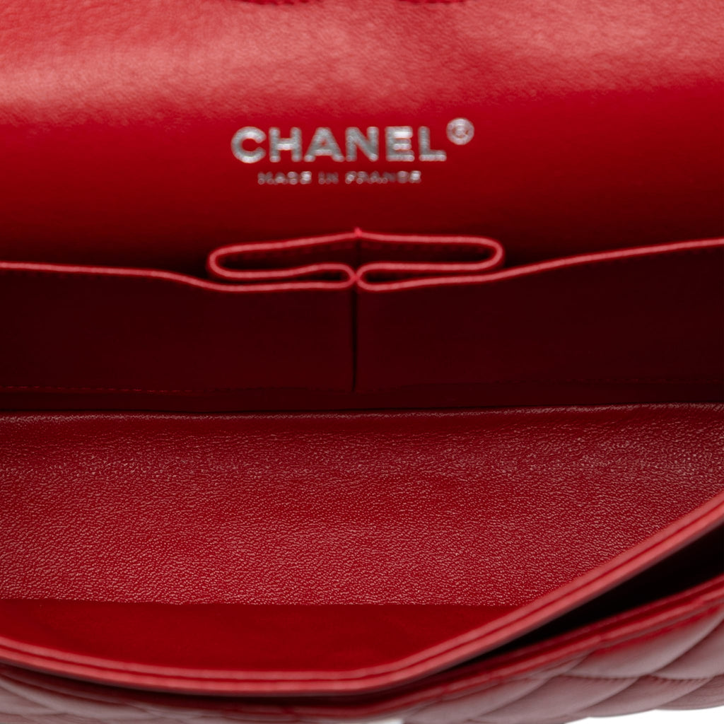 Second hand Chanel Classic Double Flap Medium Lambskin Leather Matelassè Shoulder Bag Red - Tabita Bags