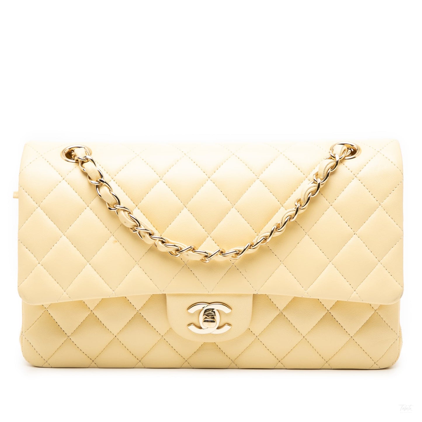Second hand Chanel Classic Double Flap Medium Lambskin Leather Matelassè Shoulder Bag Yellow - Tabita Bags