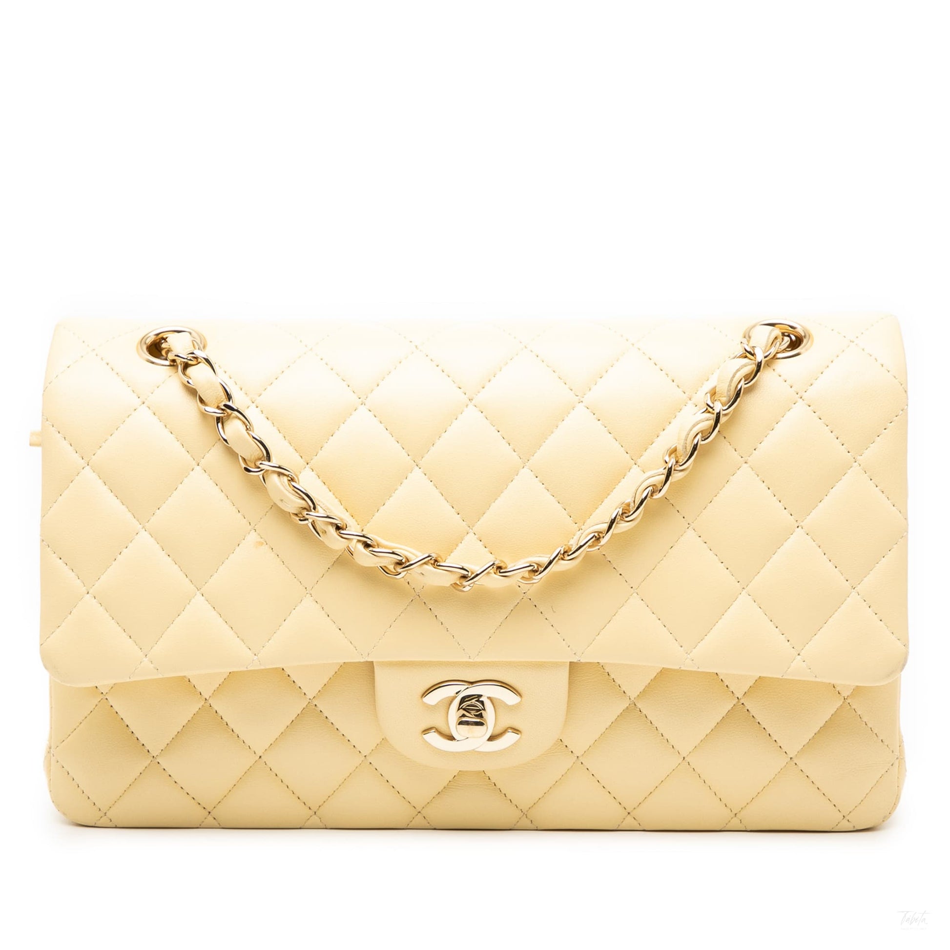 Second hand Chanel Classic Double Flap Medium Lambskin Leather Matelassè Shoulder Bag Yellow - Tabita Bags