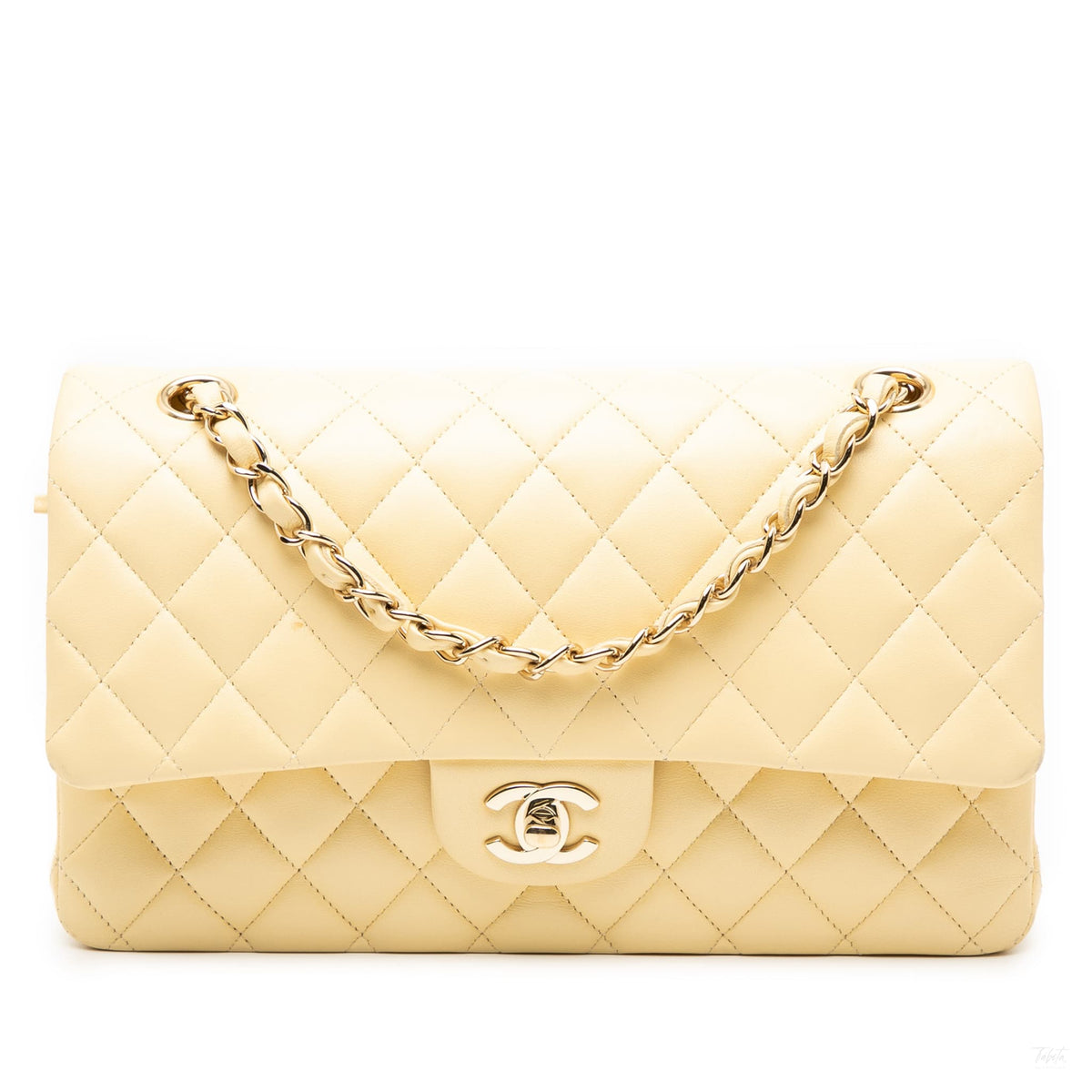 Second hand Chanel Classic Double Flap Medium Lambskin Leather Matelassè Shoulder Bag Yellow - Tabita Bags