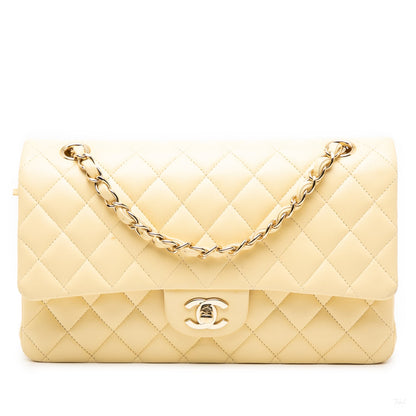 Second hand Chanel Classic Double Flap Medium Lambskin Leather Matelassè Shoulder Bag Yellow - Tabita Bags
