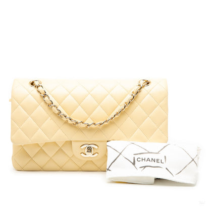 Second hand Chanel Classic Double Flap Medium Lambskin Leather Matelassè Shoulder Bag Yellow - Tabita Bags