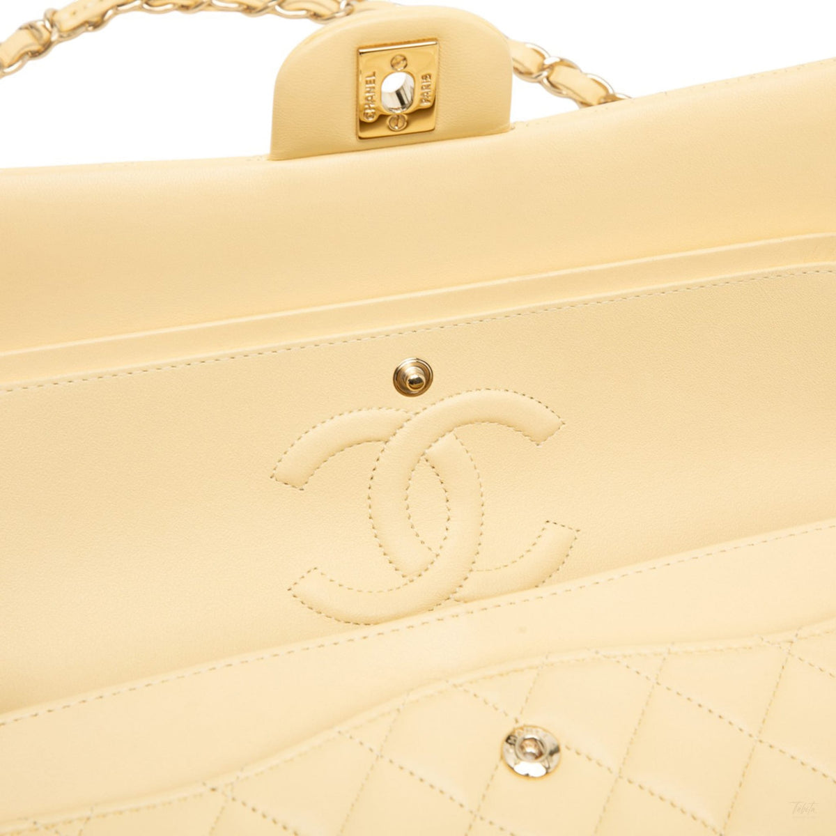 Second hand Chanel Classic Double Flap Medium Lambskin Leather Matelassè Shoulder Bag Yellow - Tabita Bags