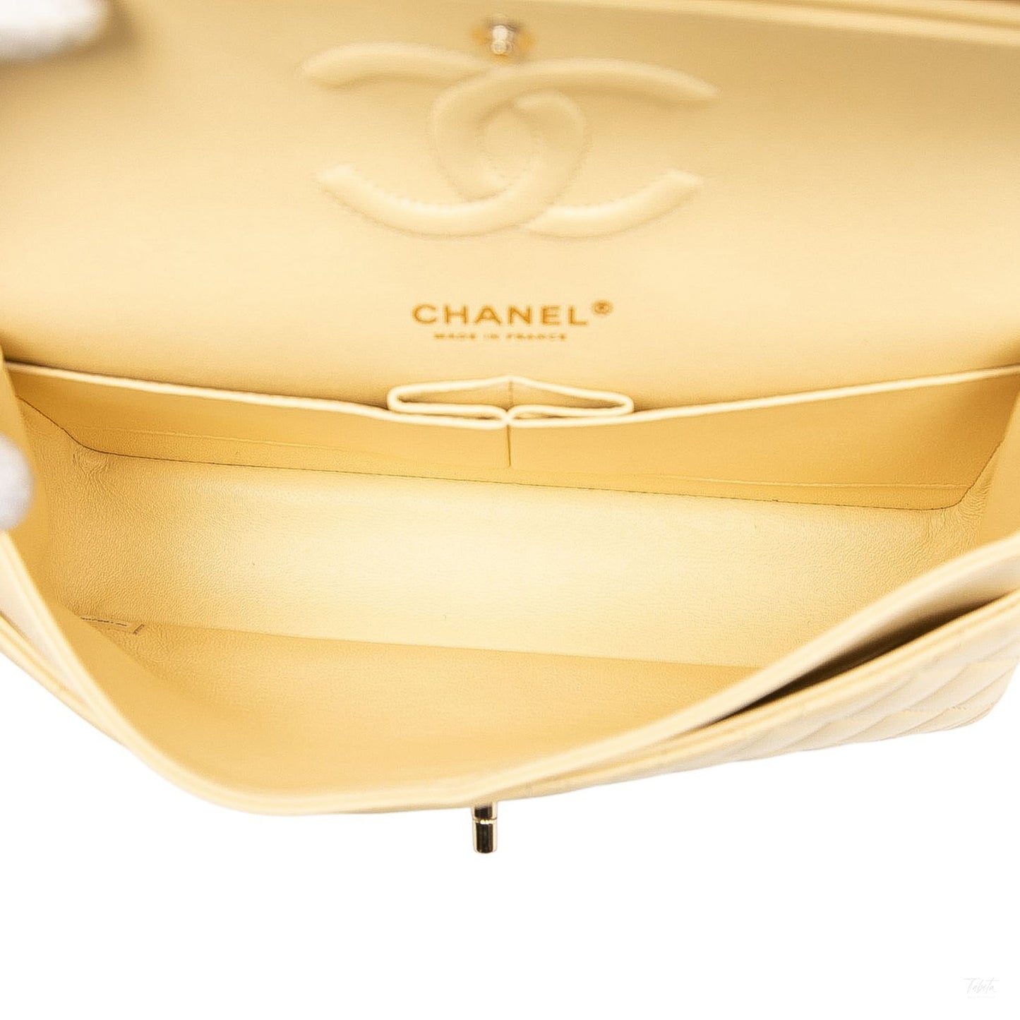 Second hand Chanel Classic Double Flap Medium Lambskin Leather Matelassè Shoulder Bag Yellow - Tabita Bags