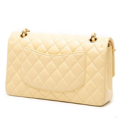 Second hand Chanel Classic Double Flap Medium Lambskin Leather Matelassè Shoulder Bag Yellow - Tabita Bags