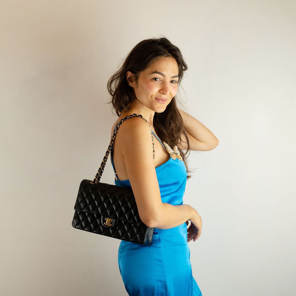 Second hand Chanel Classic Double Flap Medium Leather Matelassè Shoulder Bag Black - Tabita Bags
