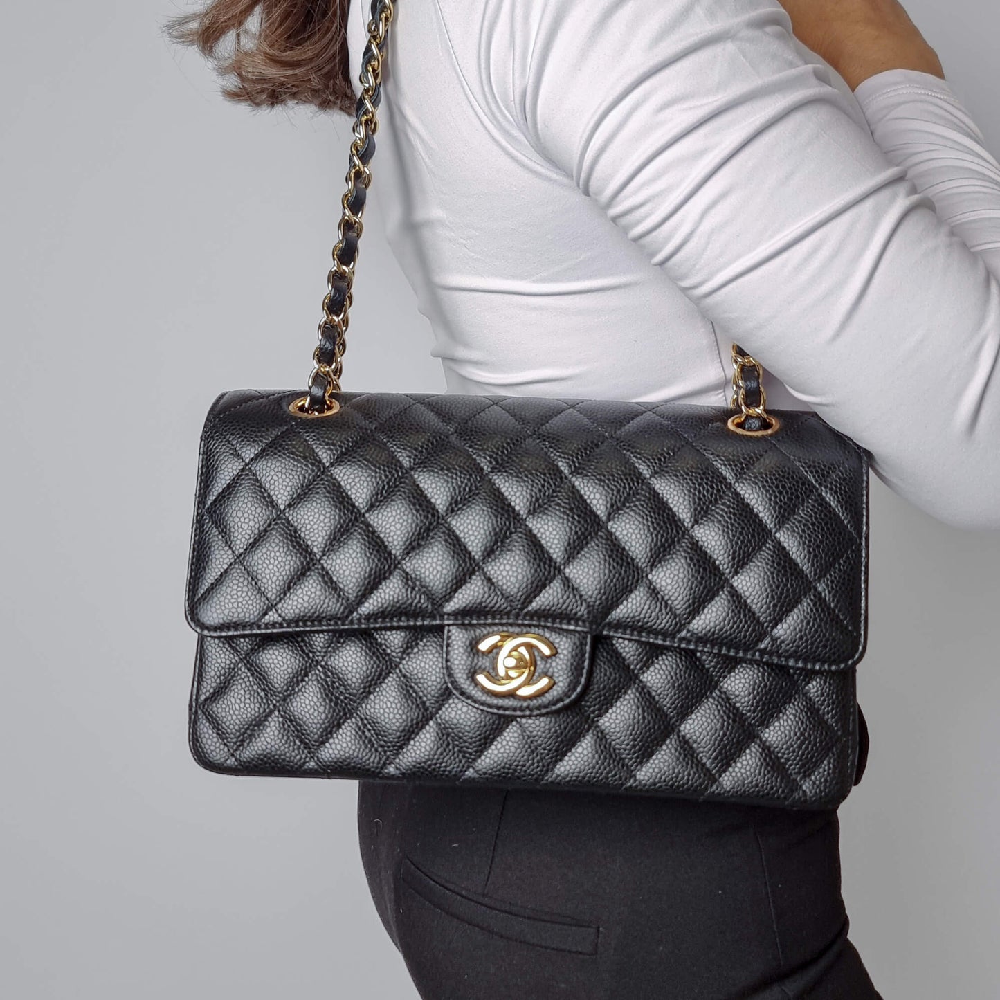 Second hand Chanel Classic Double Flap Medium Matelassè Caviar Leather Flap Shoulder Bag Black - Tabita Bags