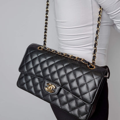 Second hand Chanel Classic Double Flap Medium Matelassè Caviar Leather Flap Shoulder Bag Black - Tabita Bags