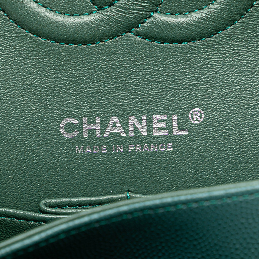 Second hand Chanel Classic Double Flap Medium Matelassè Caviar Leather Flap Shoulder Bag Green - Tabita Bags